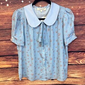Sky Blue Floral Blouse with Peter Pan Collar